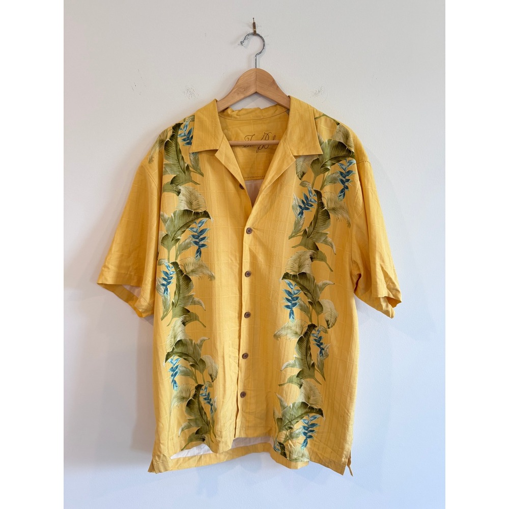 Tommy Bahama Mens Yellow 100% Silk Tropical Floral Camp Shirt Large